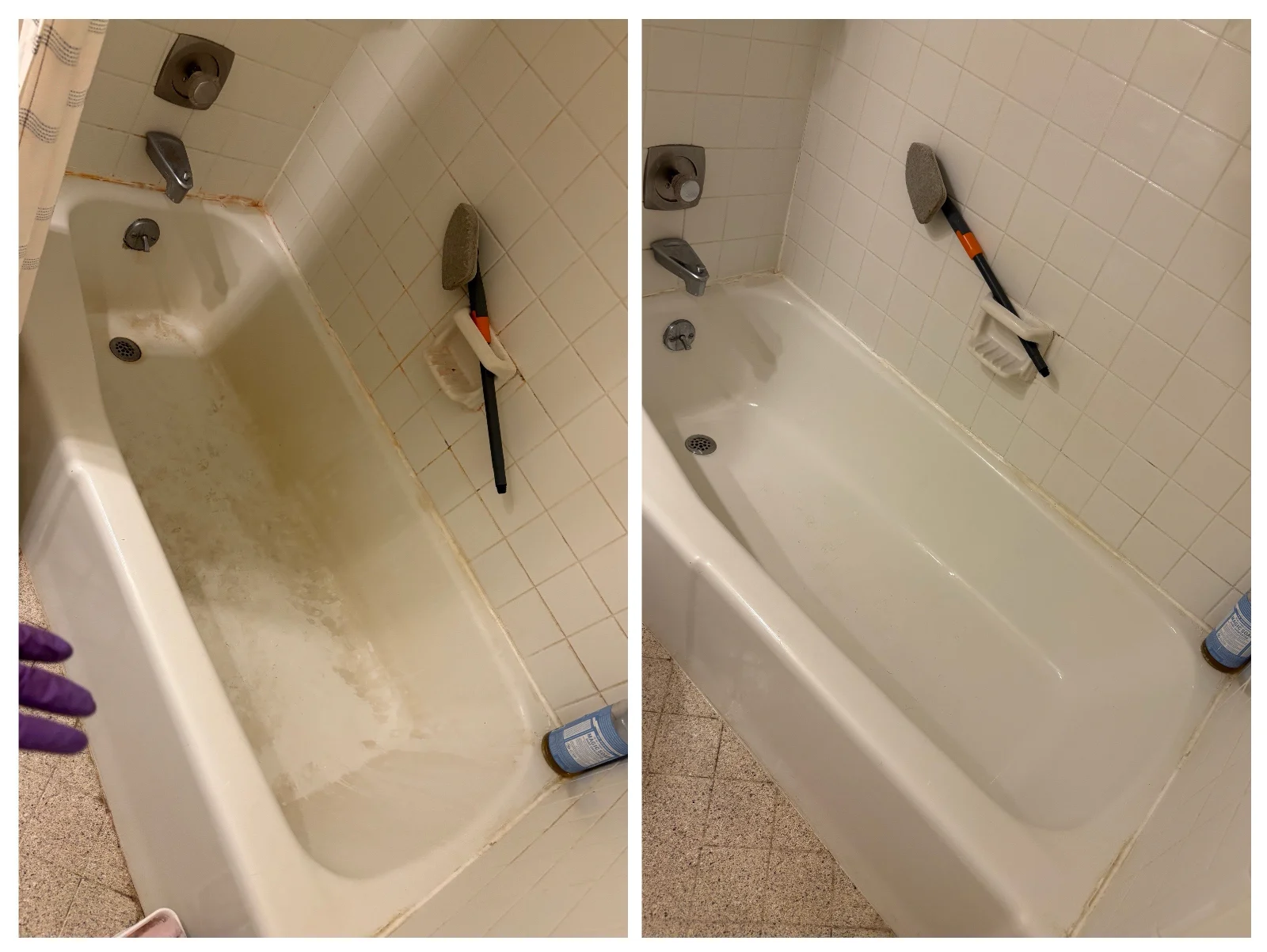 Bathtub scrubbed from stained to bright white, before and after by Spotless Cleaning Services in Monroe, NC