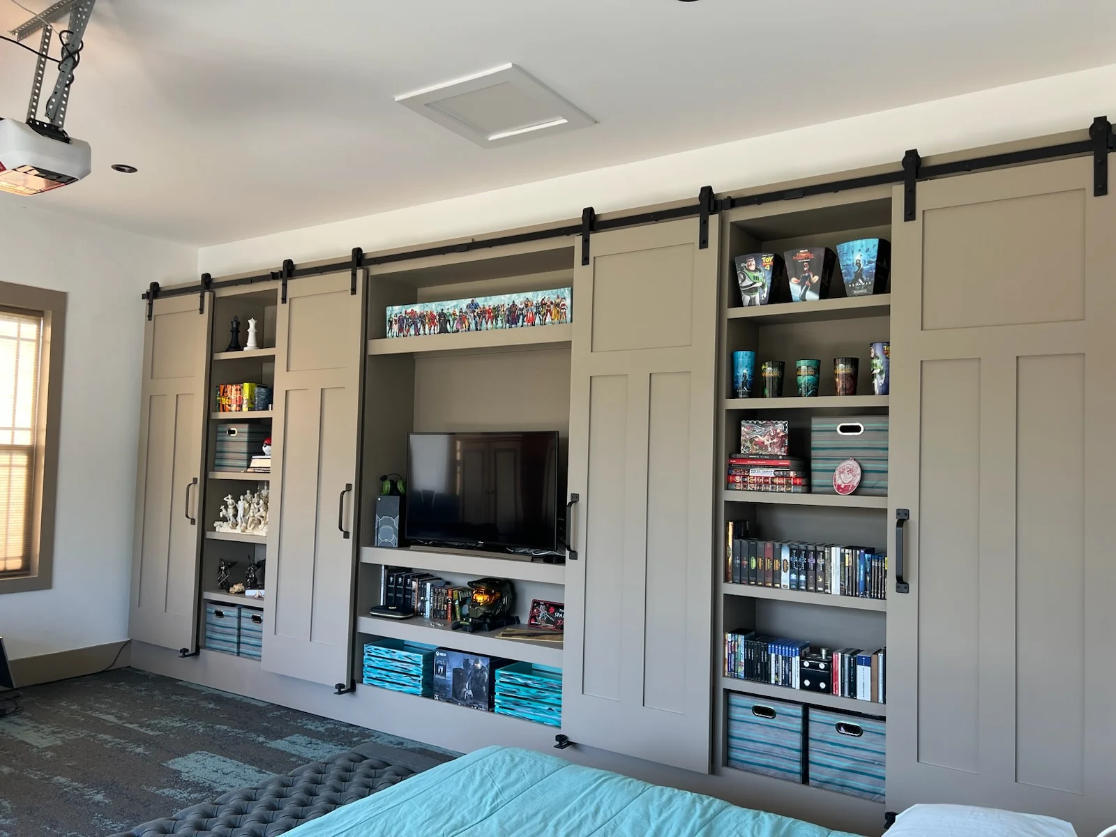 Built-in shelving and cabinets dusted and organized by Spotless Cleaning Services in Monroe, NC